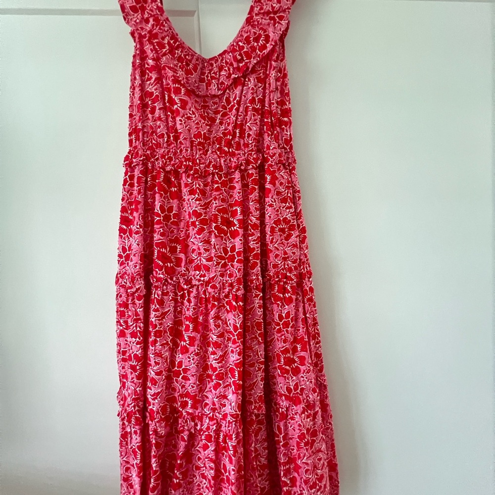 J. Crew Red Pink Floral Ruffle Tiered Maxi Dress ~  Sleeveless ~ size 10